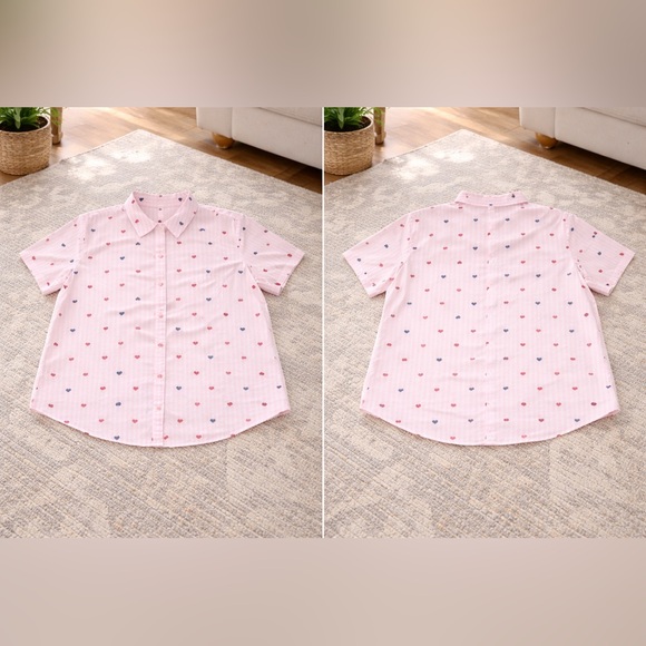 Woman Within Pink Short-Sleeve Button-Down Shirt with Red & Blue Heart Print 3X - Picture 2 of 5